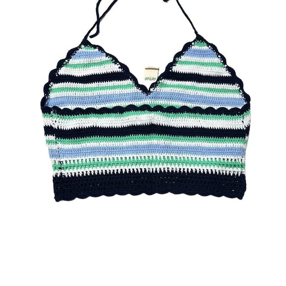 New Aerie Crochet Knit Textured Halter Cropped Bra Top Navy - Picture 8 of 8